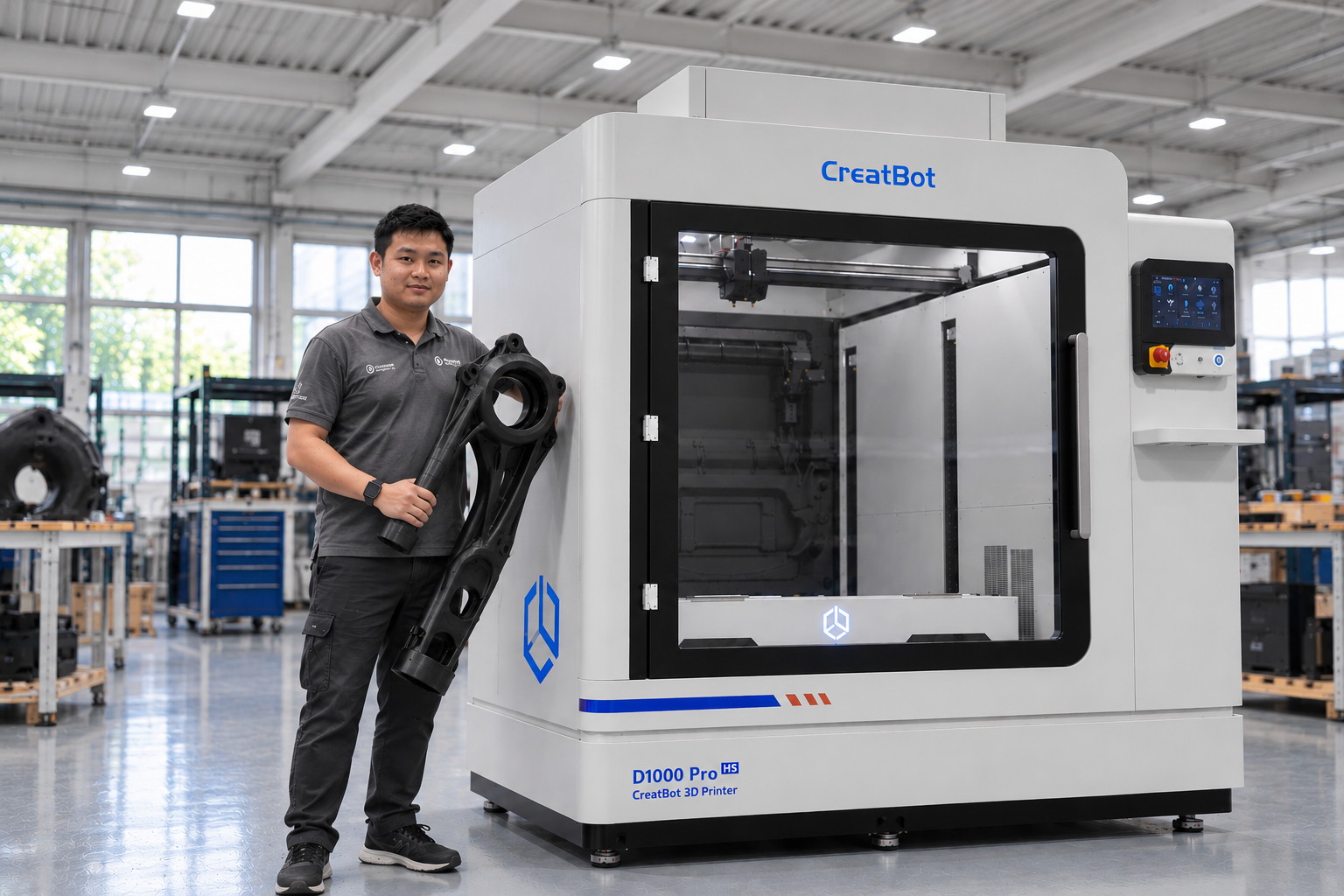 Engineer holding a large topology-optimised printed suspension arm beside a CreatBot D1000 Pro HS large format 3D printer