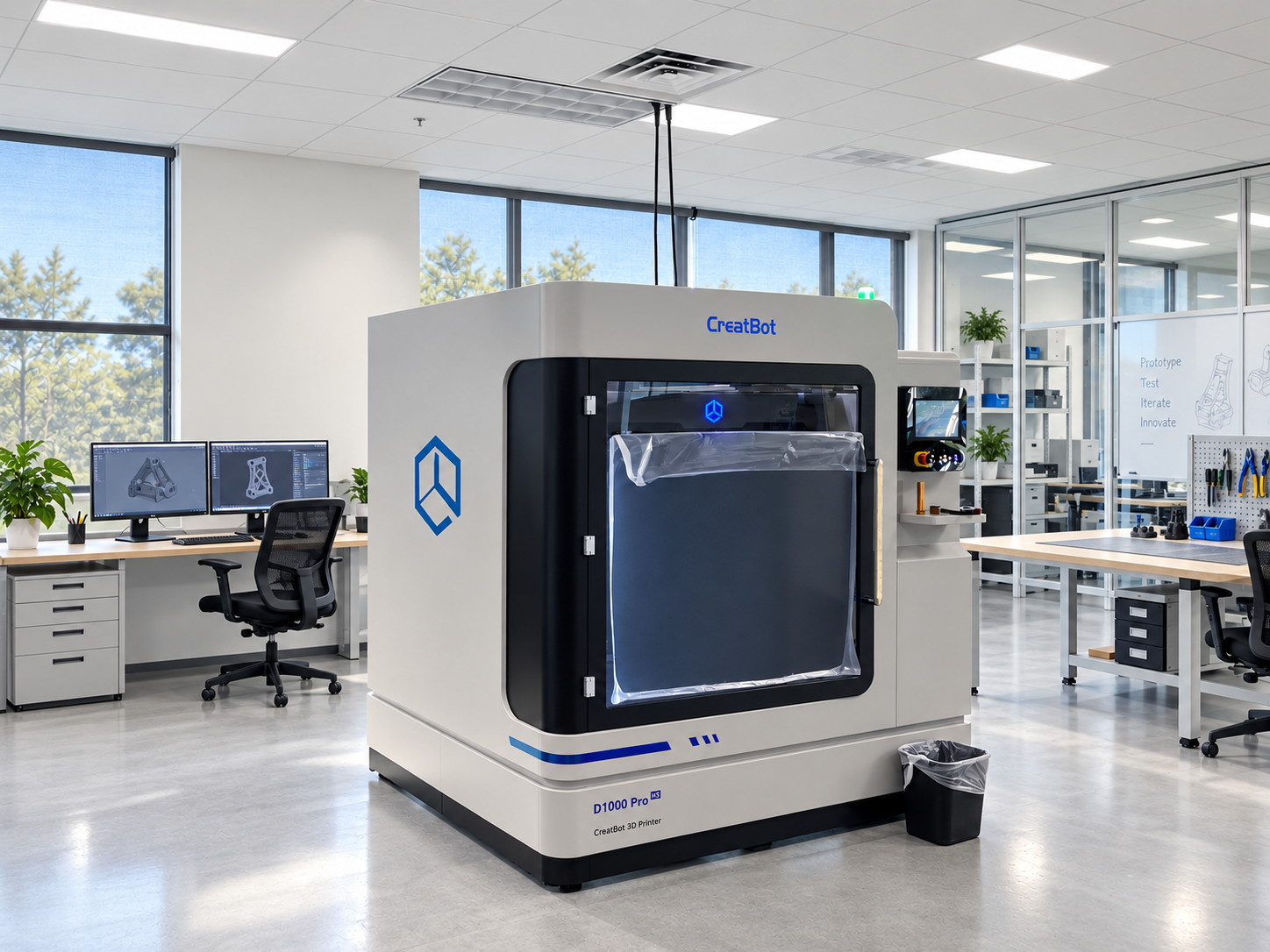 CreatBot D1000 Pro HS large format 3D printer installed in a bright engineering office