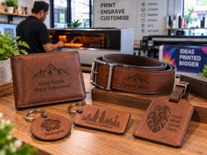 Laser-engraved leather wallet, belt, keyring and luggage tags displayed on a workshop counter