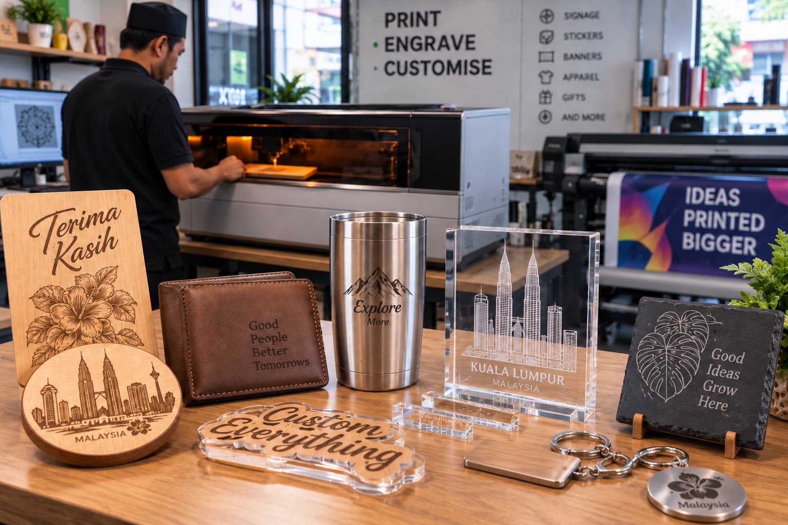 Laser-engraved samples: wood plaque, leather wallet, tumbler and a Kuala Lumpur crystal block