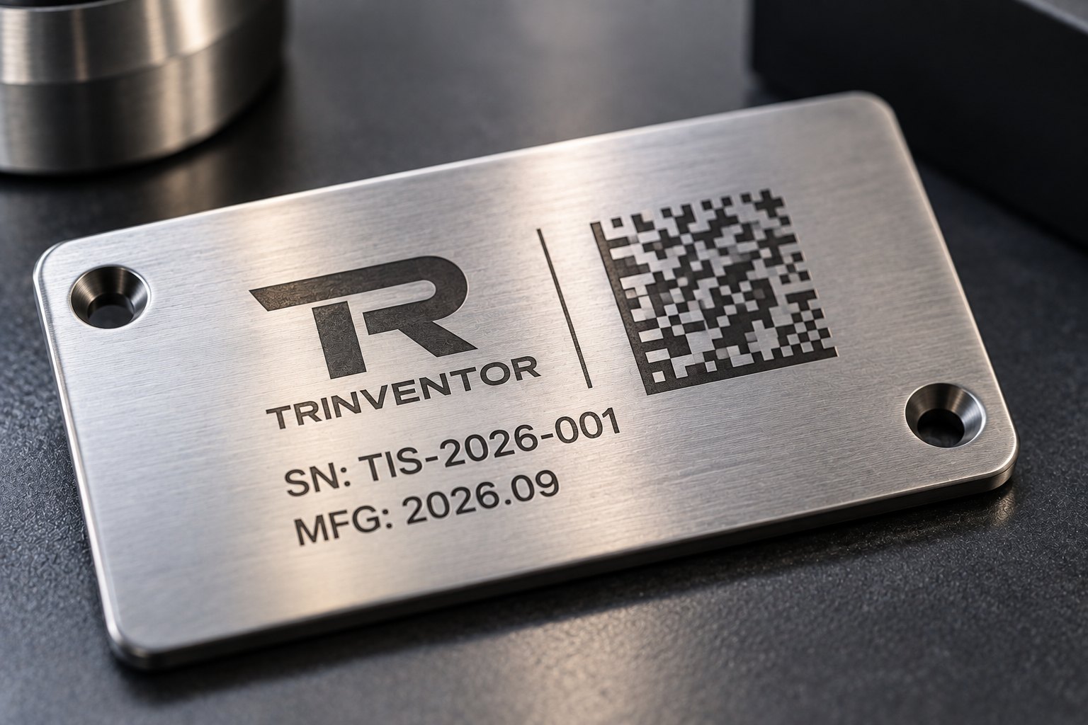 A brushed stainless steel asset tag laser marked with the Trinventor logo, a Data Matrix code and the serial number TIS-2026-001