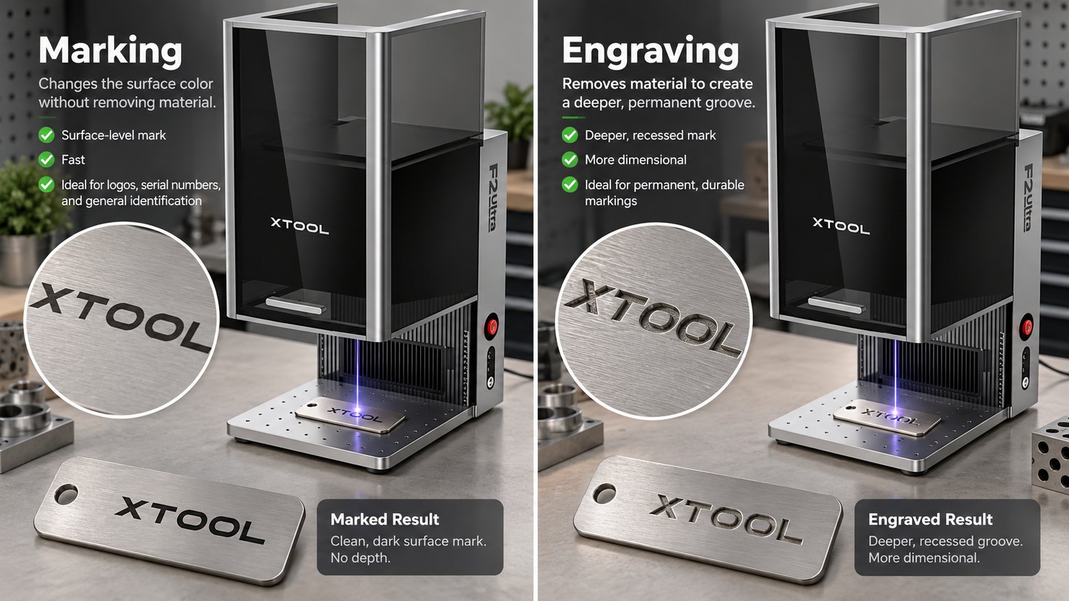 Side-by-side comparison of laser marking, which changes the surface colour without removing material, and laser engraving, which cuts a deeper recessed groove