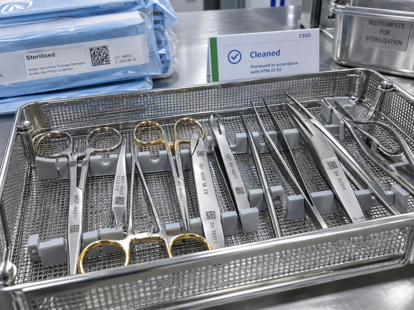 Marked surgical instruments held in a sterilisable tray with silicone inserts, ready for reprocessing