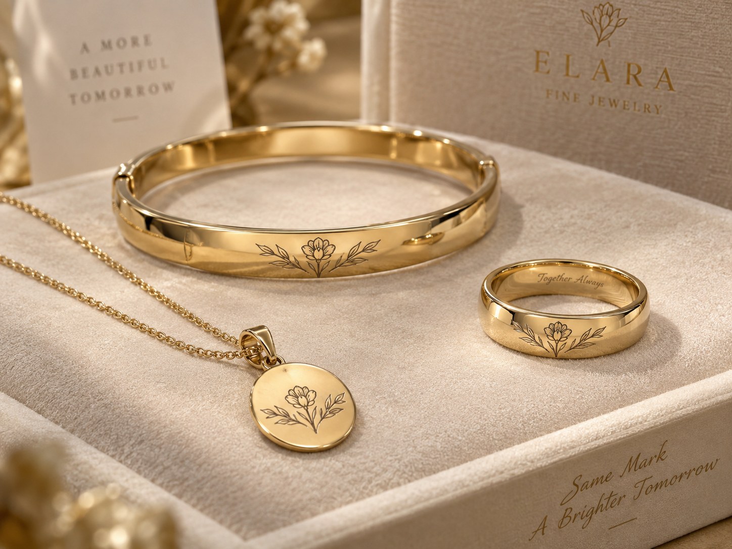 A gold bangle, pendant and ring engraved with a matching flower motif in a jewellery box