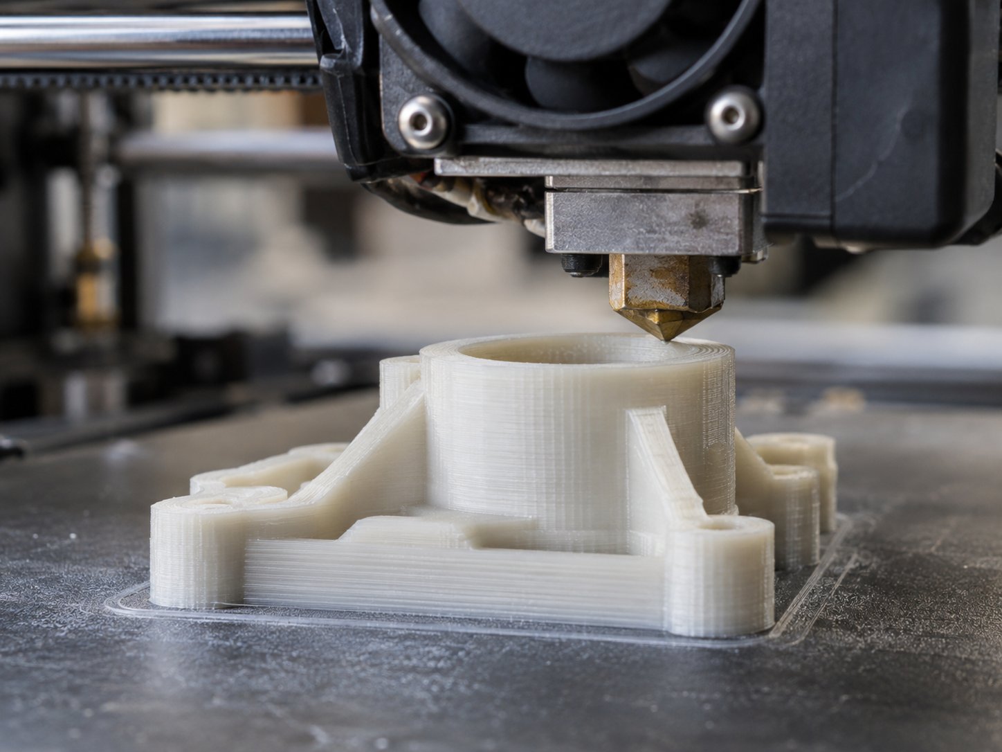 A 3D printer nozzle laying down layers of natural nylon to build a flanged bracket