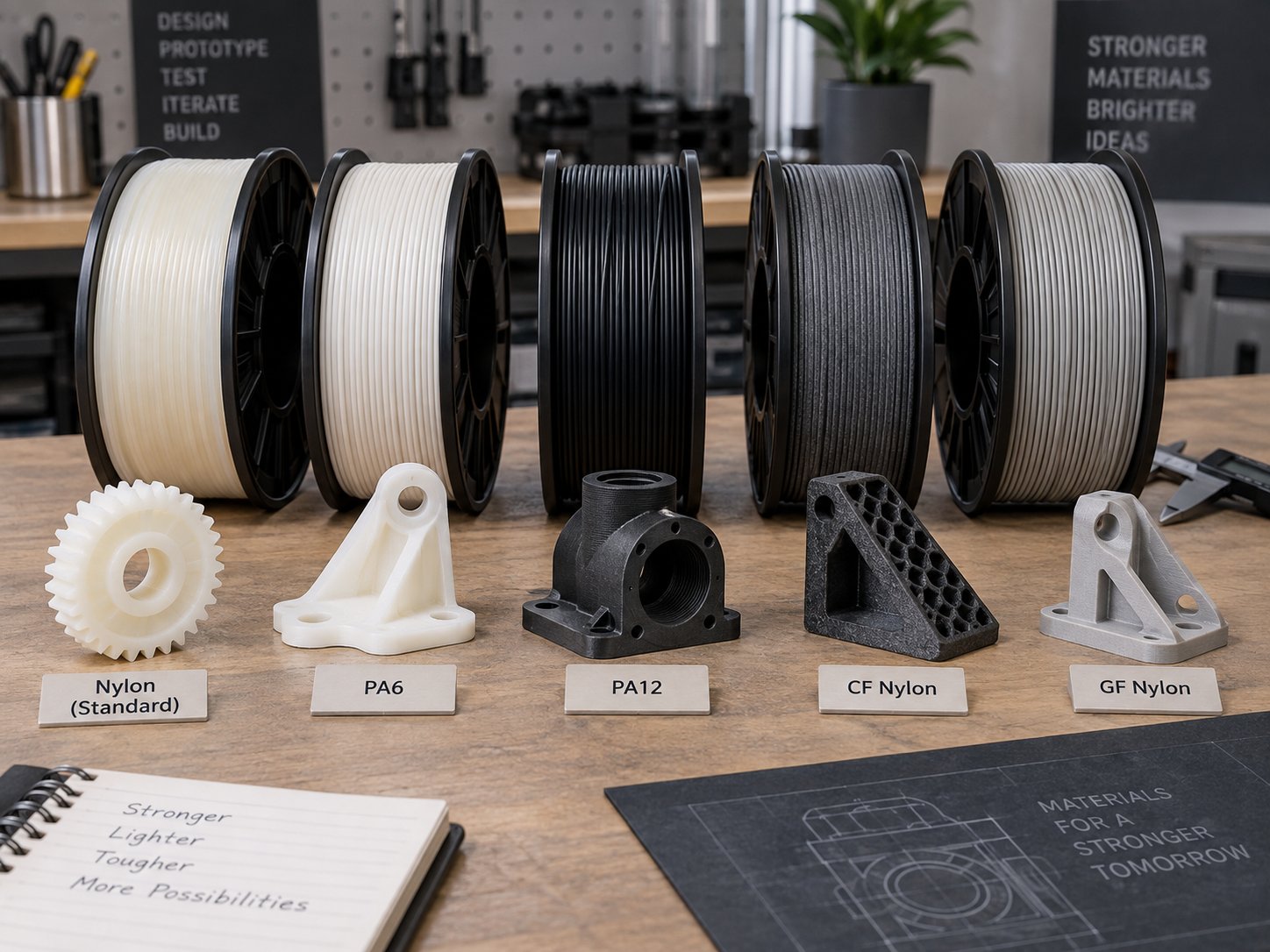 Five nylon filament spools with matching printed test parts labelled Nylon standard, PA6, PA12, carbon fibre nylon and glass fibre nylon