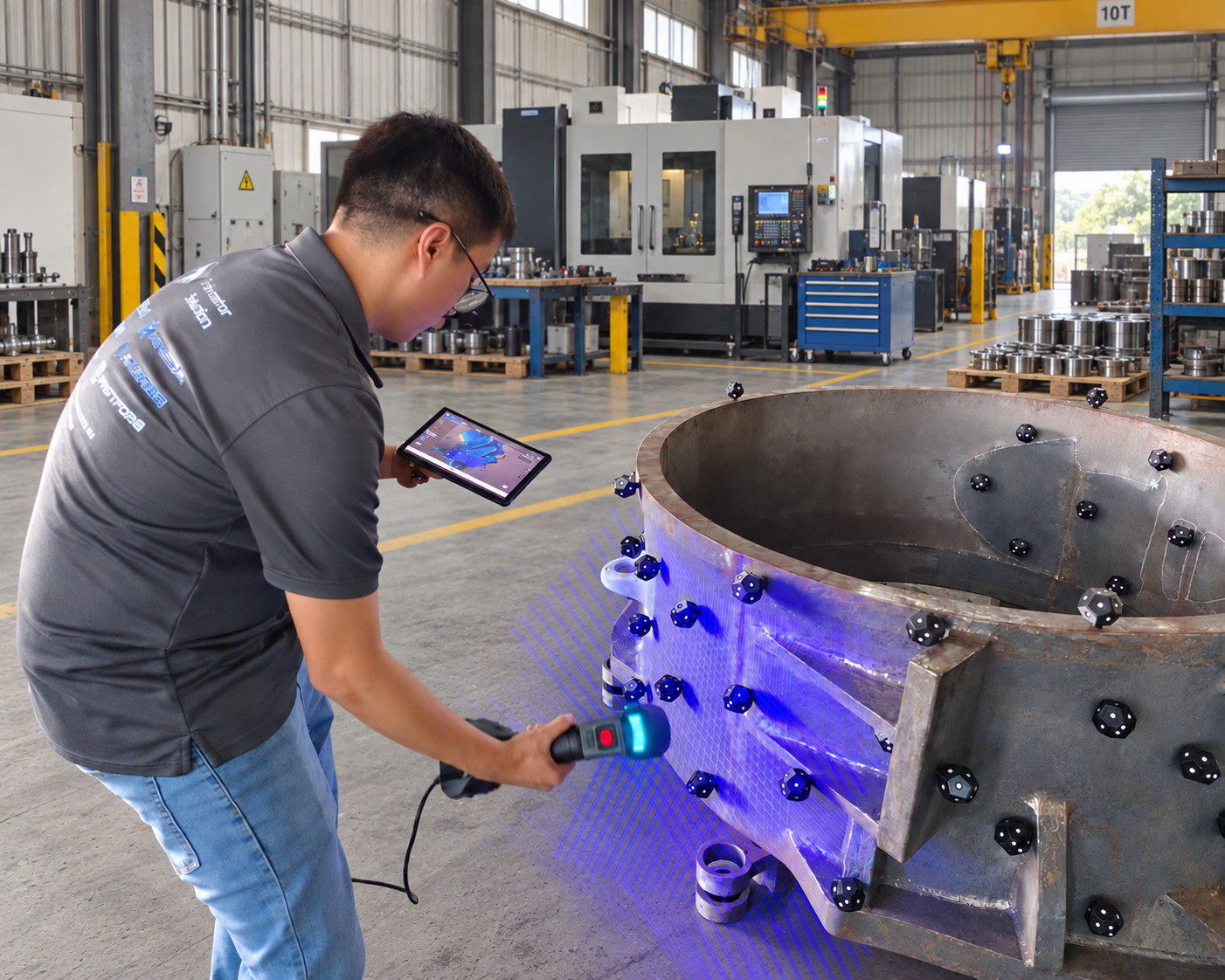 Engineer holding a tablet with live scan data while scanning a large steel ring fitted with markers on a factory floor
