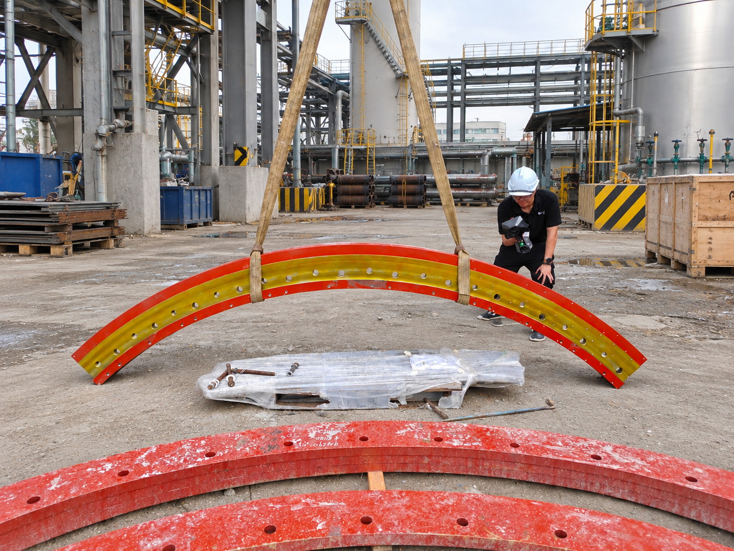 Curved steel fabrication sections suspended on slings at a petrochemical construction site, with a person recording the part