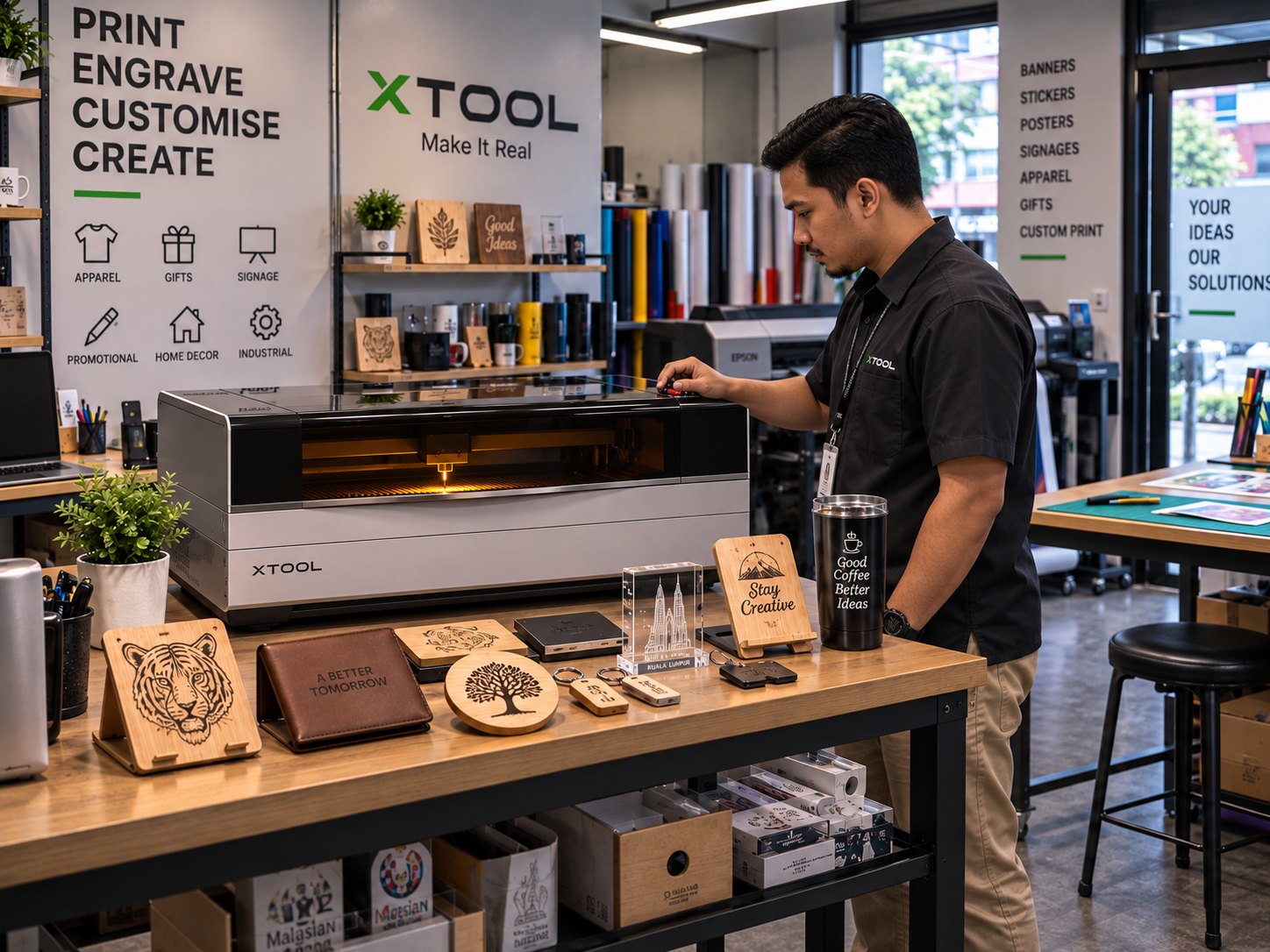 Print shop operator running an xTool laser engraver in the shop