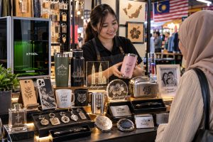 A vendor showing a personalised engraved tumbler to a customer at a gift booth, with an xTool laser engraver and a display of engraved gifts beside them