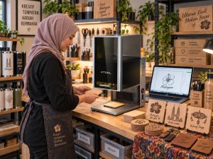 A Malaysian maker in a studio apron loading a wooden coaster into an xTool laser engraver, surrounded by engraved tumblers, coasters and packaged gift orders