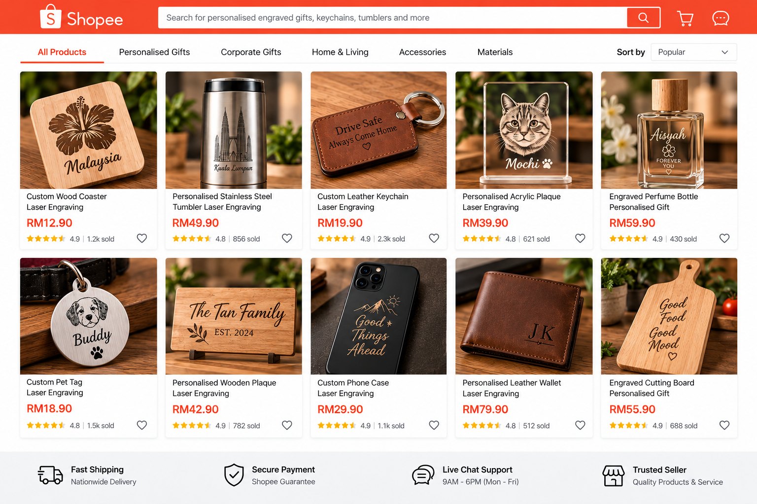 A grid of personalised laser-engraved gift listings offered for sale online — engraved coasters, stainless steel tumblers, leather keychains, an acrylic pet plaque, a perfume bottle, a wallet and a cutting board