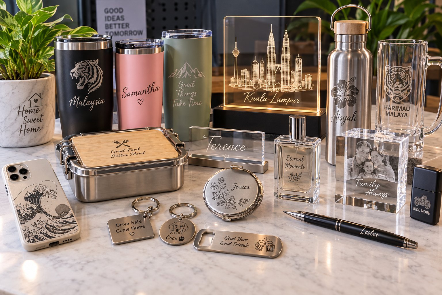 A range of personalised laser-engraved gifts on a marble table, including engraved tumblers, a Kuala Lumpur acrylic sign, a crystal photo block, a steel bottle and engraved keychains