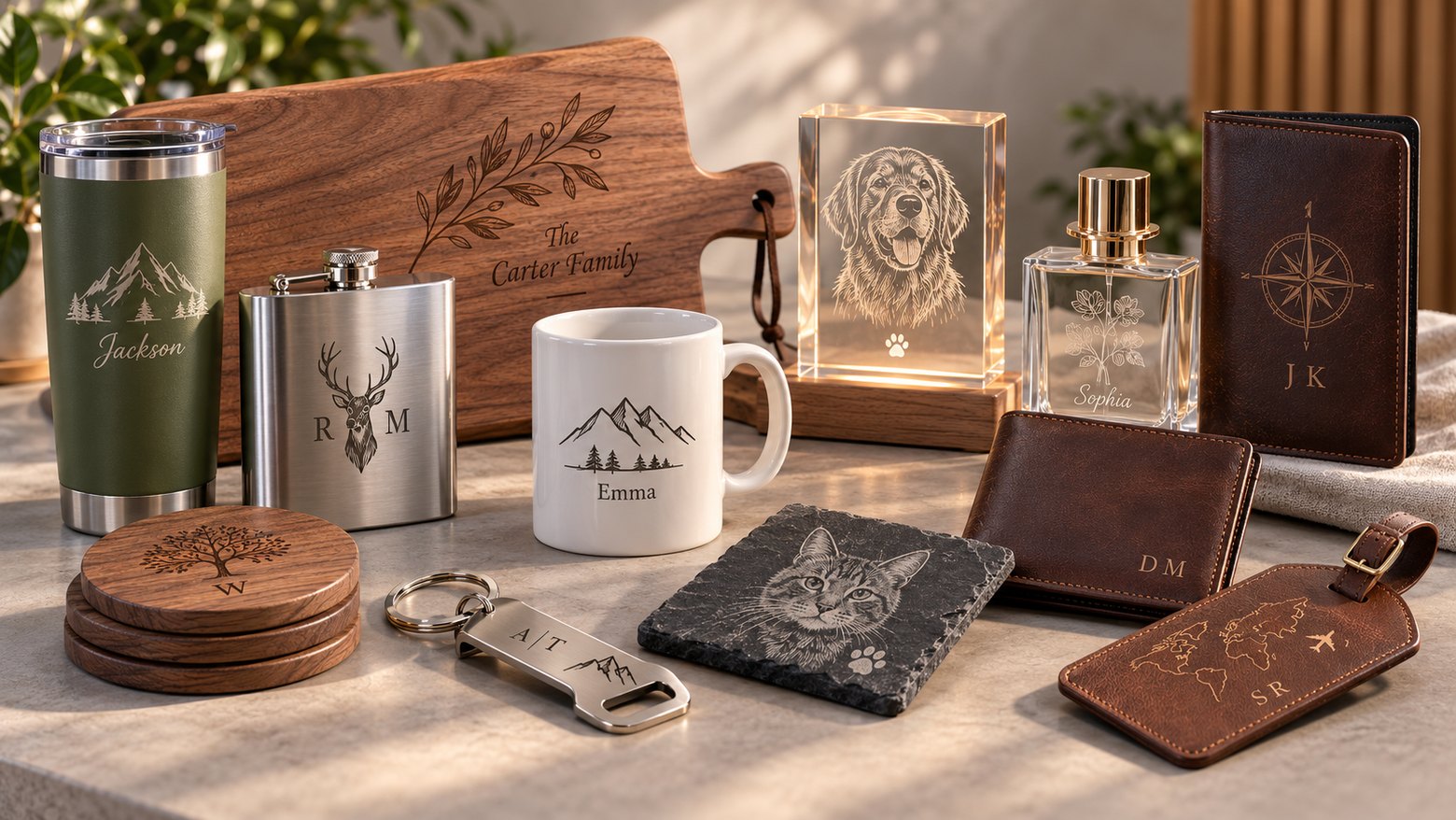 Personalised laser-engraved gift samples including an engraved tumbler, hip flask, chopping board, mug, crystal photo block, perfume bottle, leather wallet and luggage tag