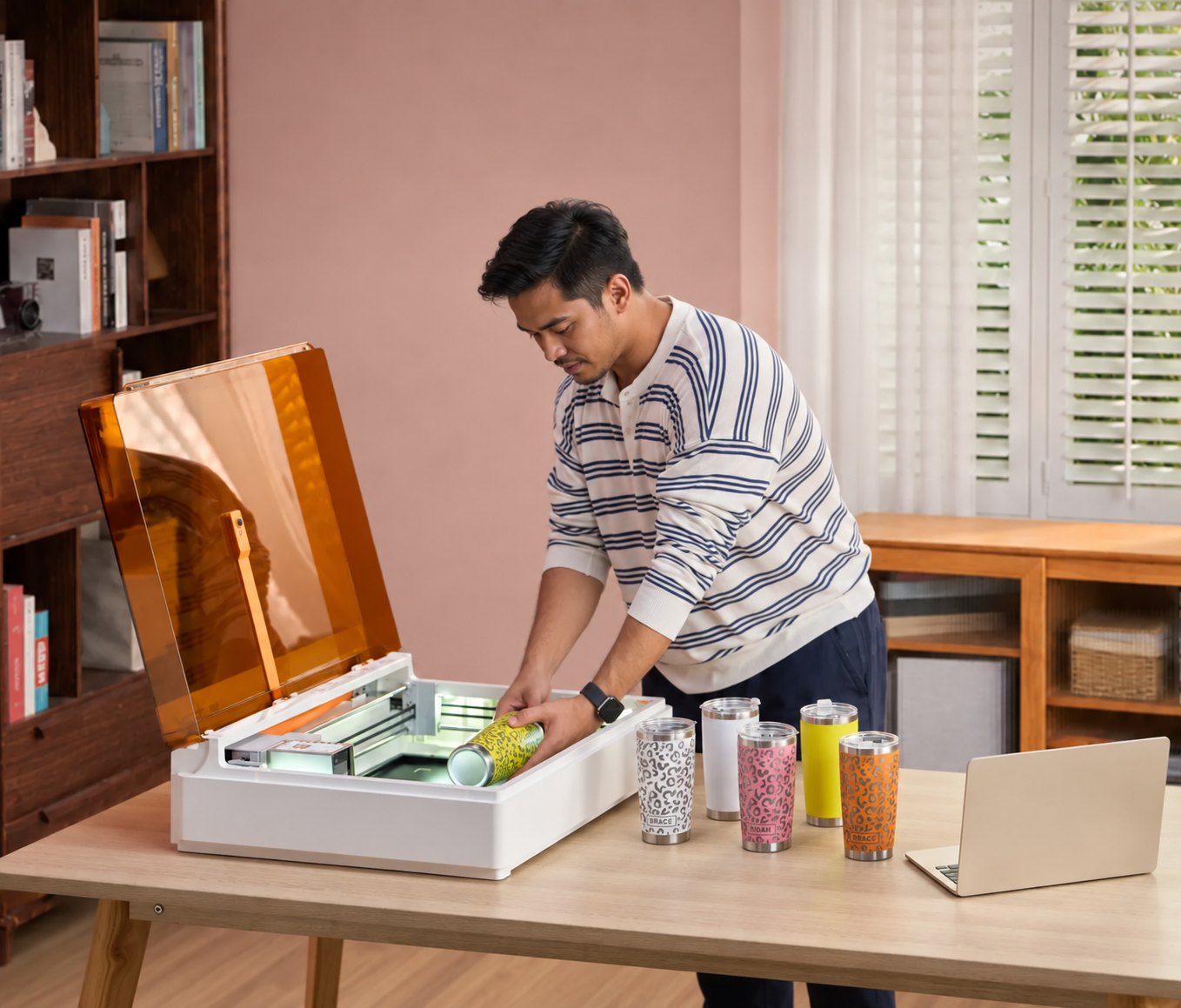 A personalised patterned tumbler being loaded into a laser engraving machine, with a row of finished engraved tumblers beside it