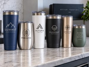 Six personalised tumblers in assorted finishes, each engraved with a different corporate logo
