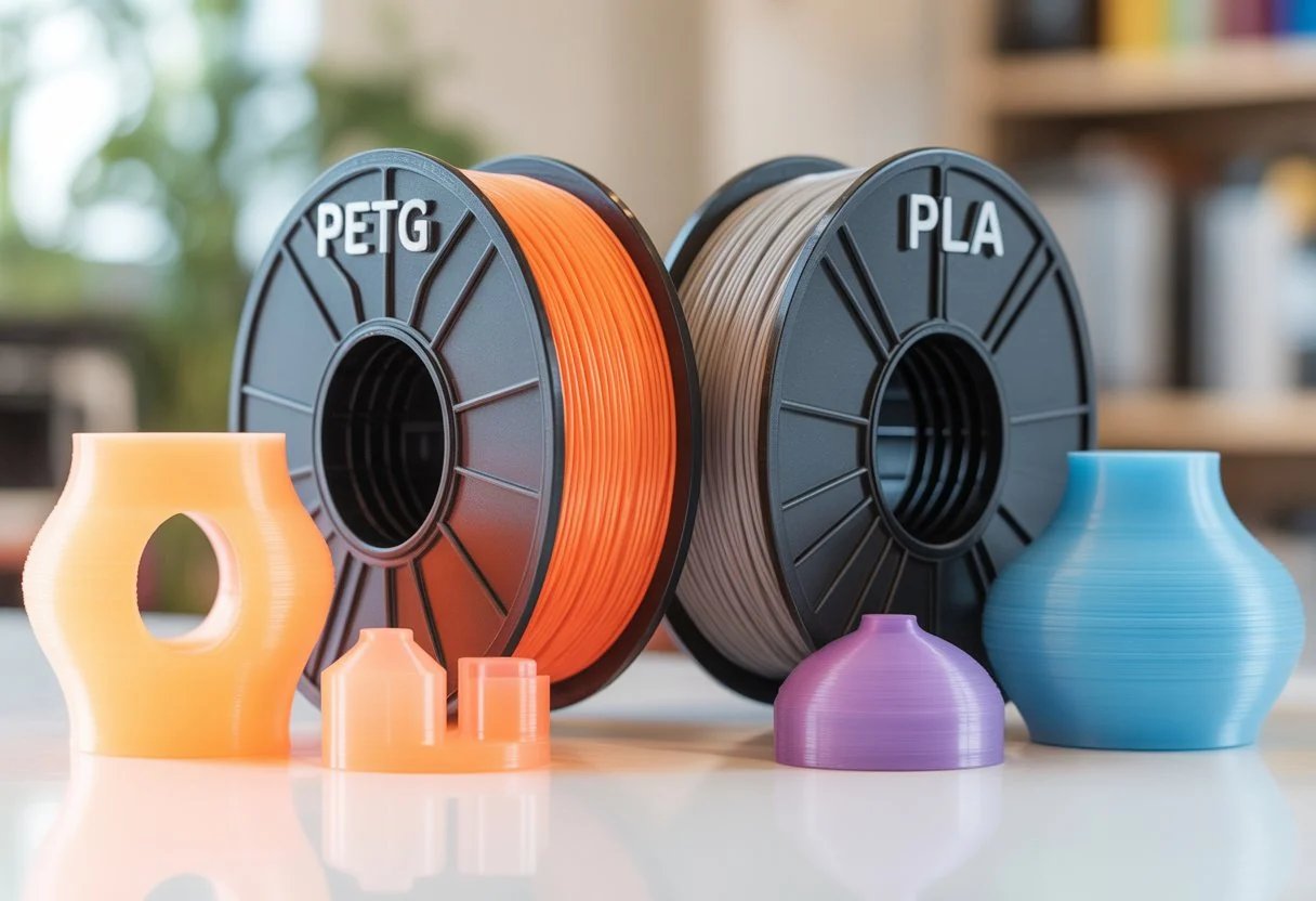 PETG and PLA filament spools side by side with printed parts in front of them