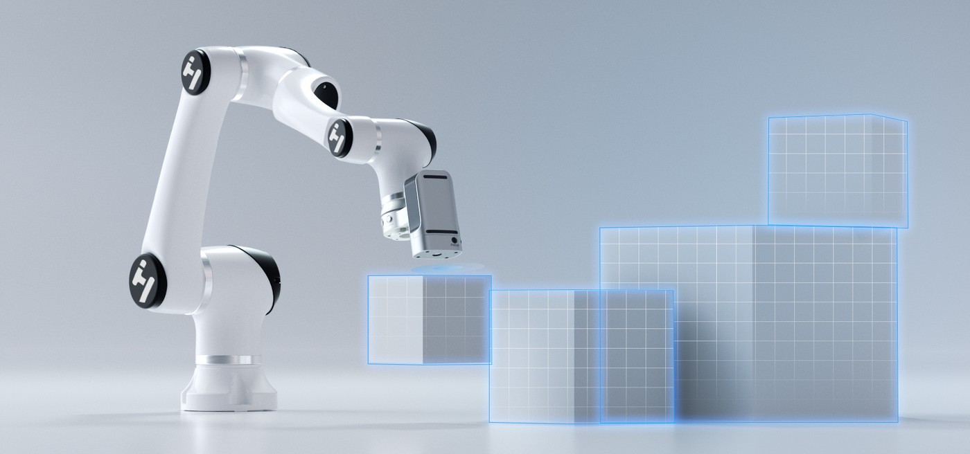 Pick and place robot with vision guidance shown as wireframe boxes