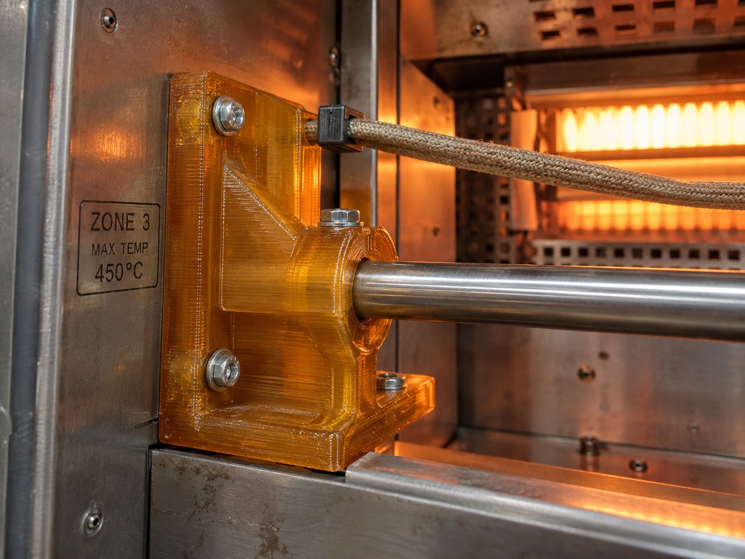 Printed polyimide bracket in service inside a heated chamber rated to 450 C