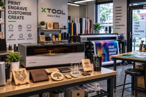 Print shop with an xTool laser engraver beside a wide-format printer, engraved samples on the counter