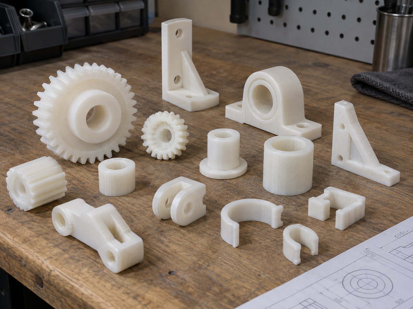 A bench covered with printed nylon parts including gears, bushings, clamps, brackets and a pulley beside a technical drawing
