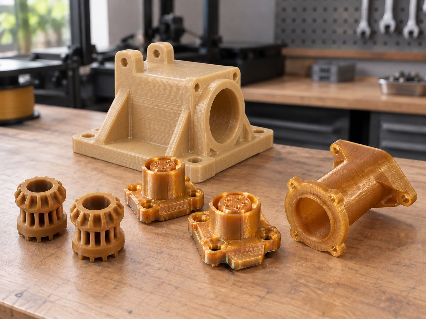 Printed polyimide parts including housings, gears, bushings and flanged components