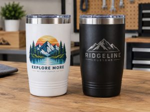 A full-colour printed tumbler beside a black tumbler marked by laser, the two finishes side by side