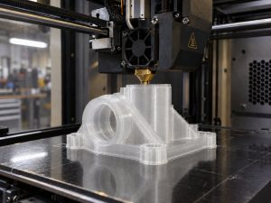 Transparent polycarbonate part being 3D printed in an enclosed chamber
