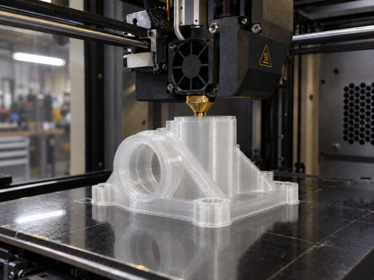 Transparent polycarbonate part being 3D printed in an enclosed chamber