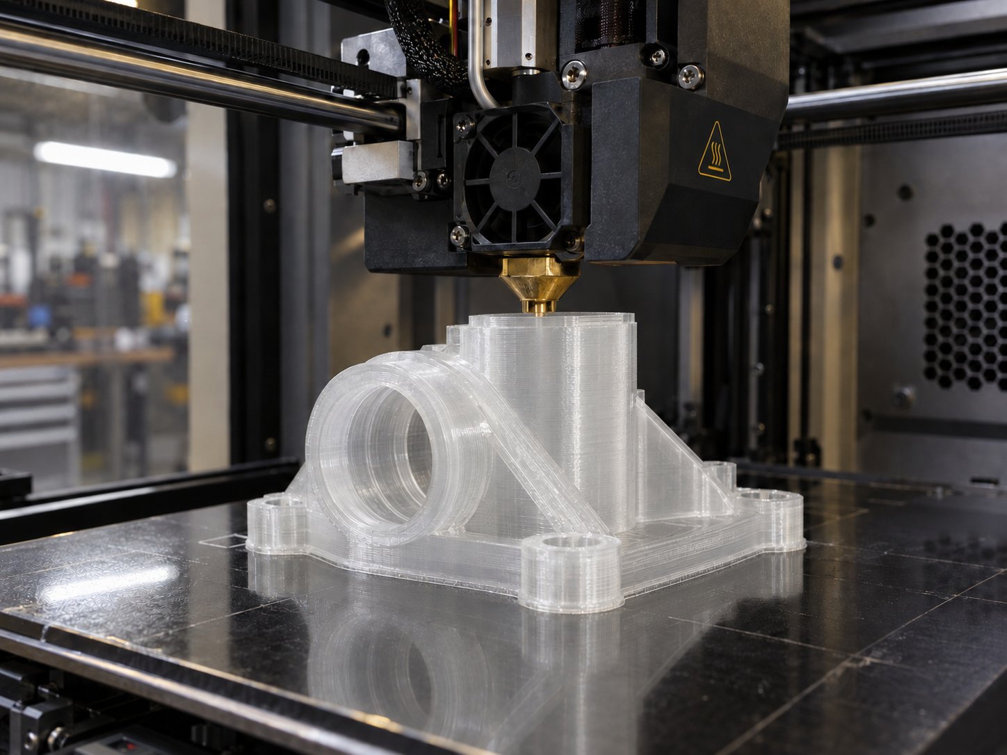 Transparent polycarbonate part being 3D printed in an enclosed chamber