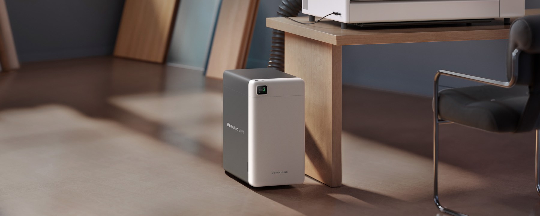 Bambu Lab E1 Pro air purifier connected to the R1 laser cutter