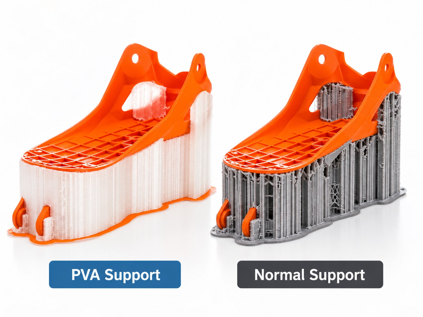 The same printed part supported with PVA compared with standard support material