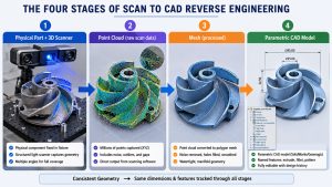 3D scan to CAD reverse engineering workflow showing a scanned mesh converted into a solid model