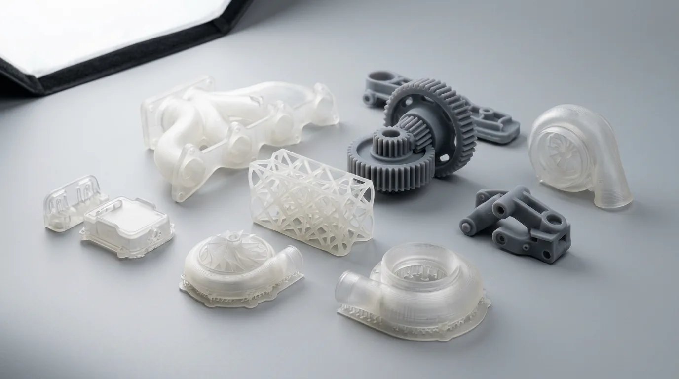 A collection of translucent and grey resin 3D printed parts including gears, turbine housings and lattice structures