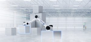Collaborative robot presenting parts beside a scanning station in a cell