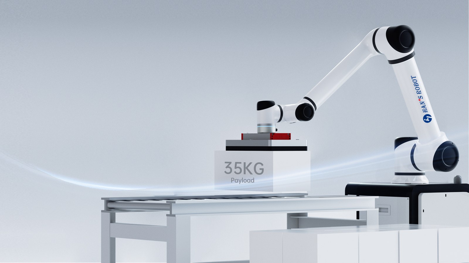 Collaborative robot lifting a 35 kg payload box in a demonstration cell