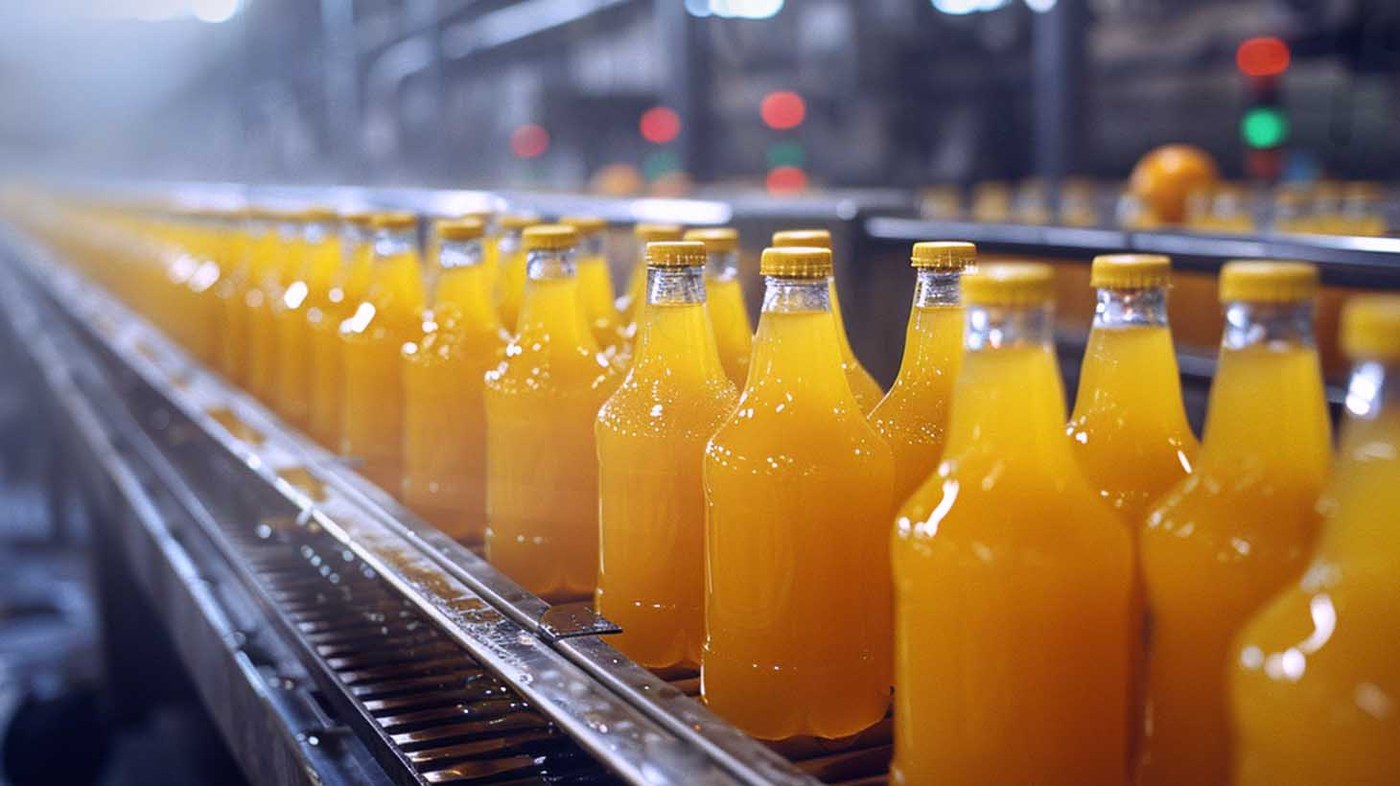 Bottles moving on a conveyor at a beverage plant
