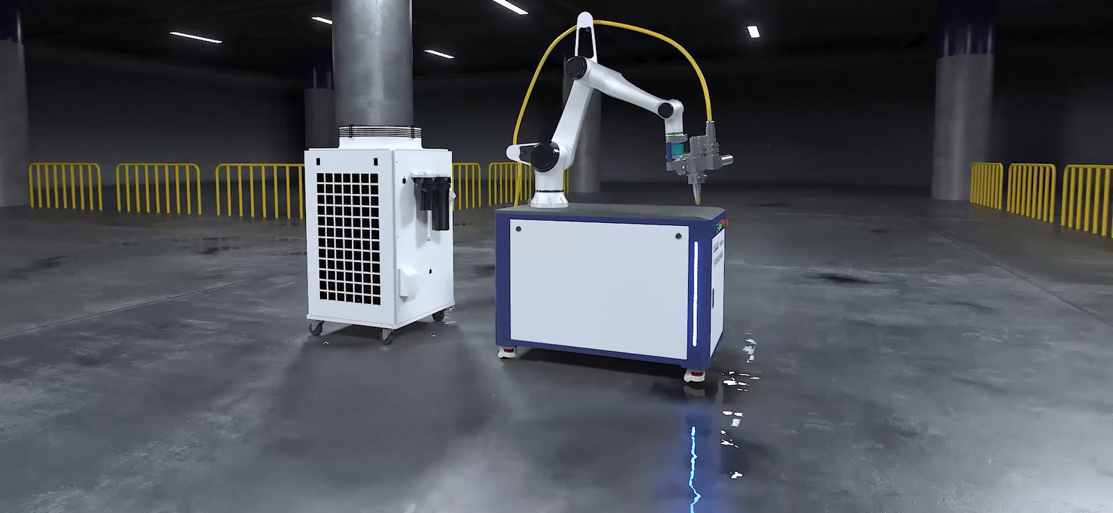 Collaborative robot arm welding with a laser torch in a workshop