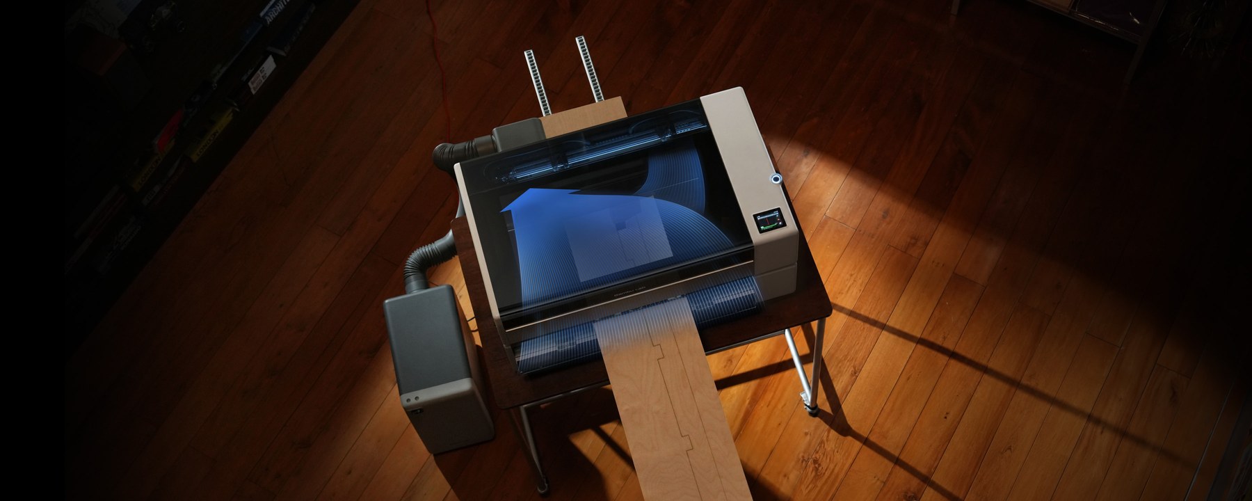Bambu Lab R1 cutting long stock with the auto-feed conveyor