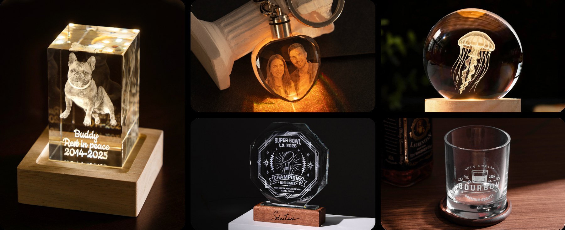 Glass & crystal samples engraved on the xTool F2 Ultra UV