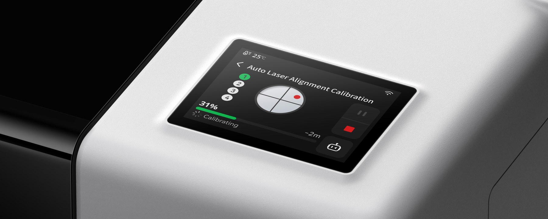 Bambu Lab R1 touchscreen showing automatic optical path alignment