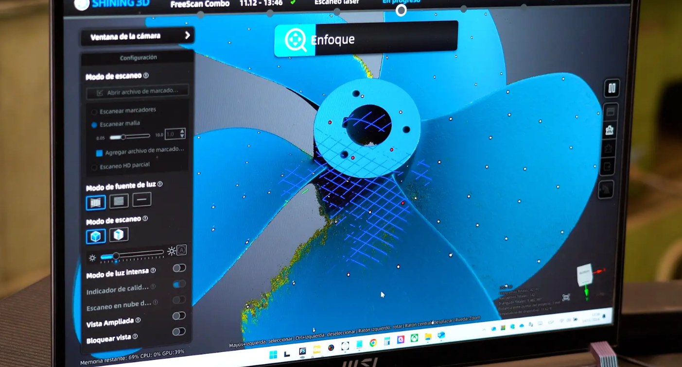 Live laser scan of an impeller building up on screen in Shining 3D FreeScan Combo software