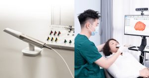 A Shining 3D intraoral scanner on its dock beside a dentist scanning a patient with the scan appearing on screen