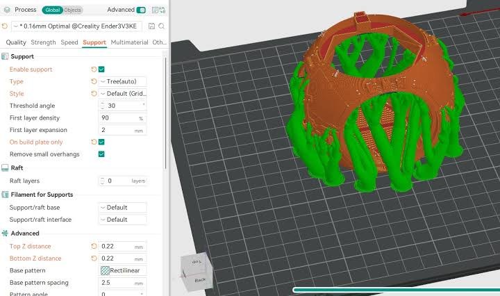 Slicer support settings showing Z distance, support density and interface configuration
