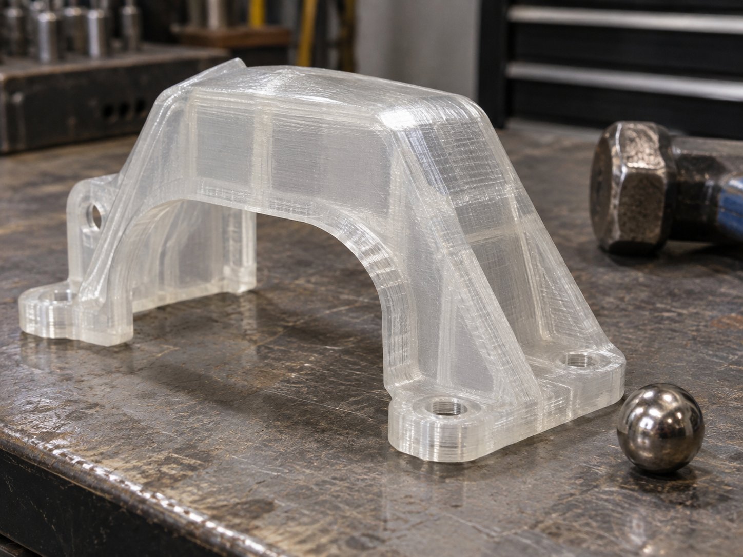 Transparent 3D printed polycarbonate part on a workshop bench beside a steel bearing