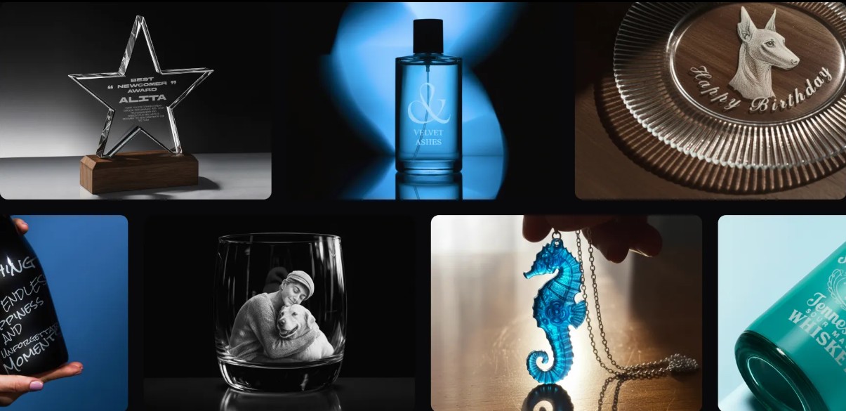 UV laser engraved results: a crystal award, an engraved perfume bottle, engraved glassware and a wooden coaster