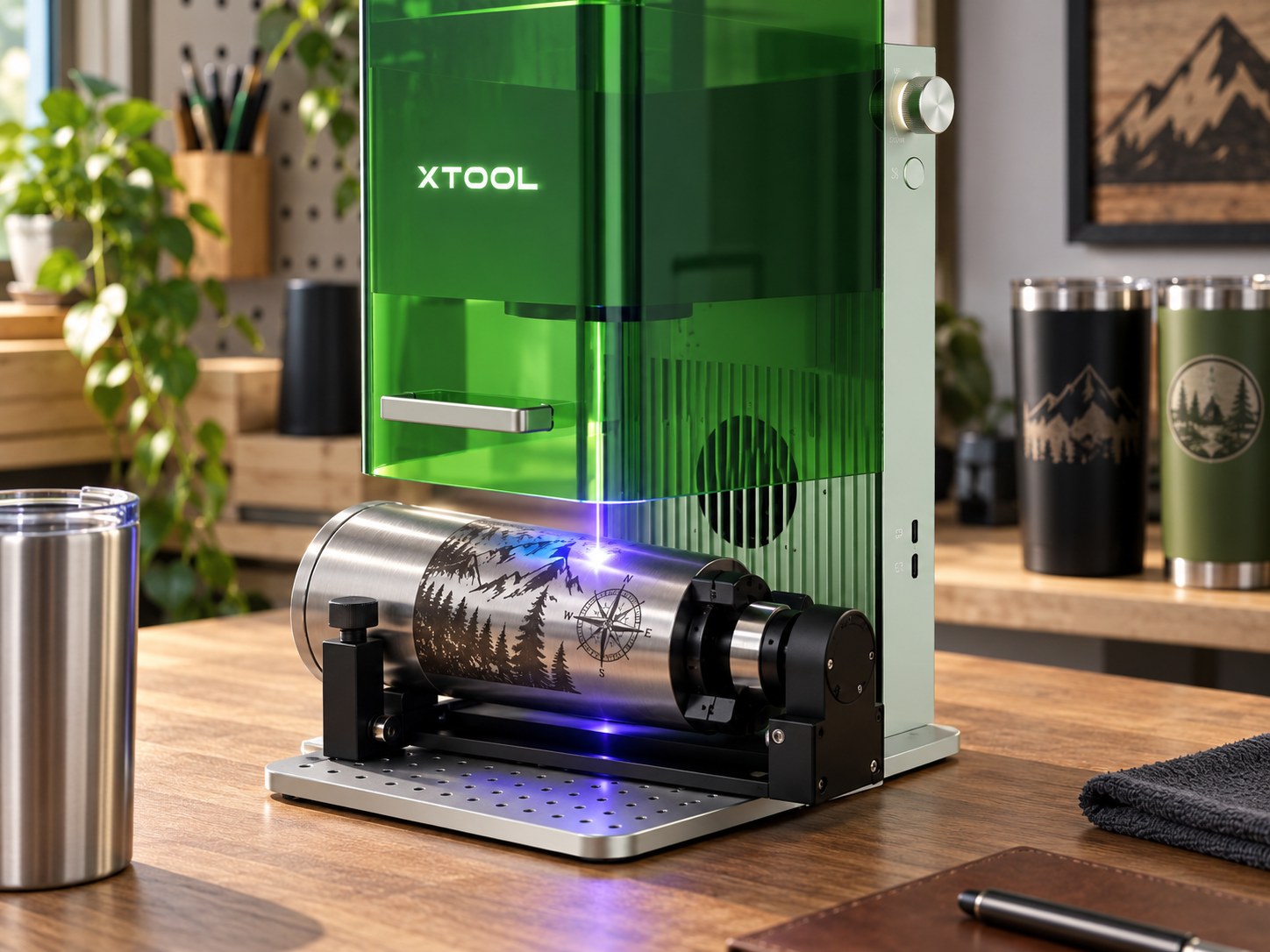 An xTool F2 Ultra engraving a stainless tumbler held in its rotary attachment, with the laser beam visible