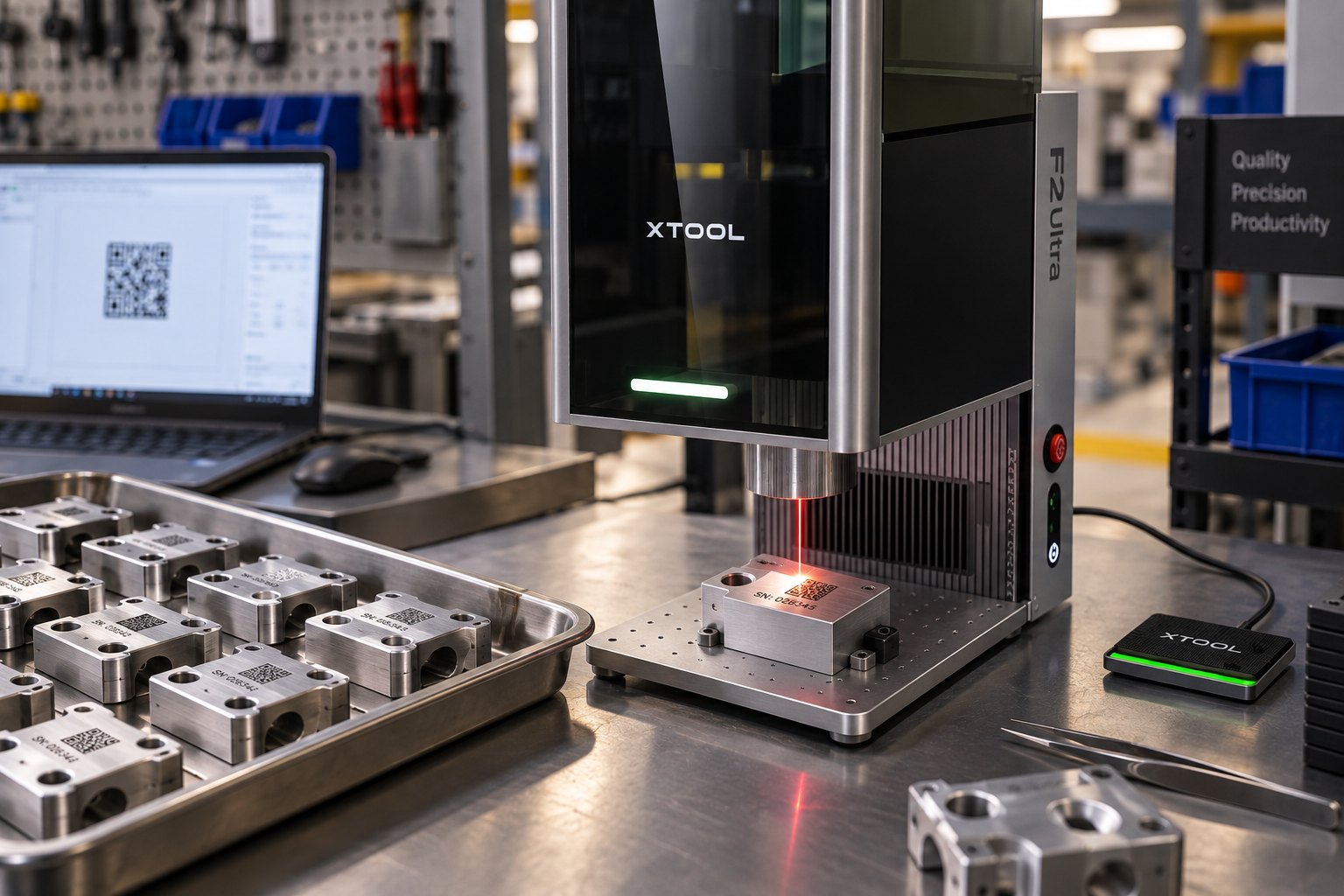 The xTool F2 Ultra marking metal parts in a workshop, with a tray of components that have already been marked