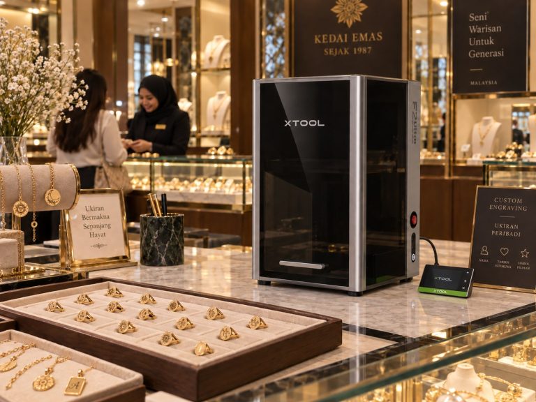 The xTool F2 Ultra on a jewellery shop counter beside trays of gold rings and custom engraving signboards