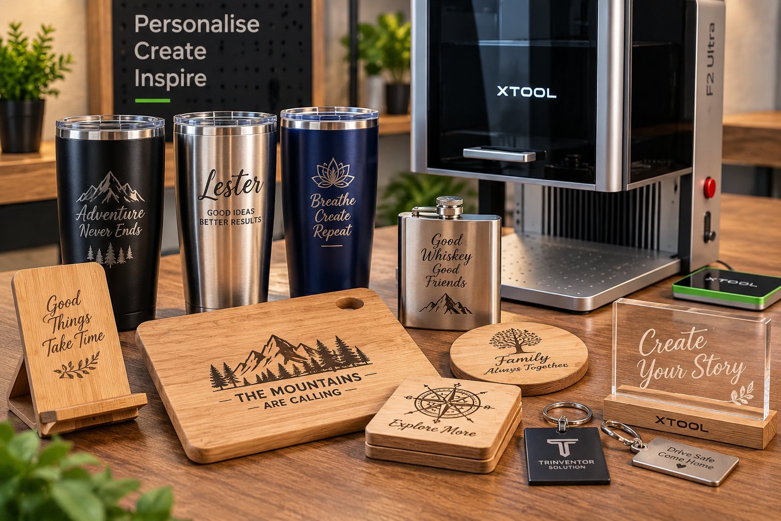 An xTool F2 Ultra laser engraver behind a range of engraved gifts, including tumblers, a hip flask, wooden boards and an acrylic sign